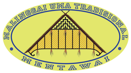 Logo of “Malinggai Uma Tradisional Mentawai” featuring an illustration of a traditional Mentawai house (uma) with a triangular roof, decorated with geometric patterns and tassels hanging from the edges. The logo is set against a light yellow oval backgroun
